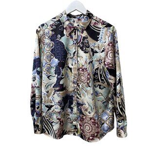 CHICO'S Blouse Medium (Chicos 1) Mystic Mix Blue Floral Polyester Long Sleeve